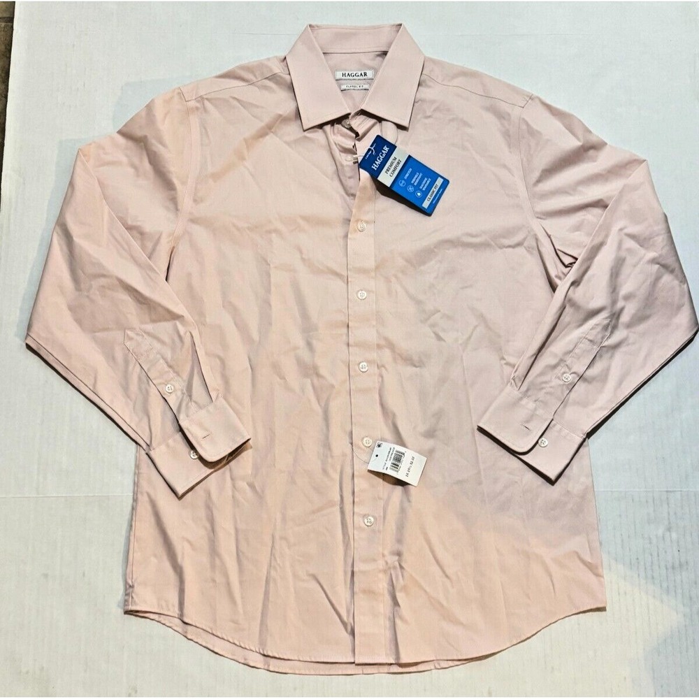 New Haggar Premium Comfort Dress Shirt Mens 15.5 32/33 Pink Stretch HAG015HE447
